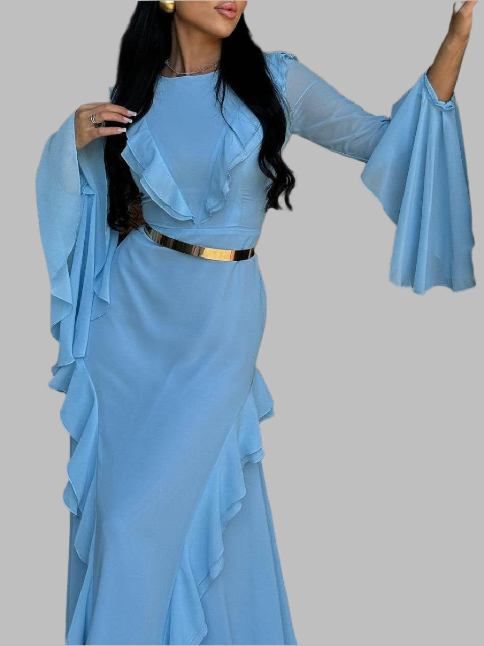 Round Neck Ruffled Long Sleeve Maxi Dress - Holy Mango Store