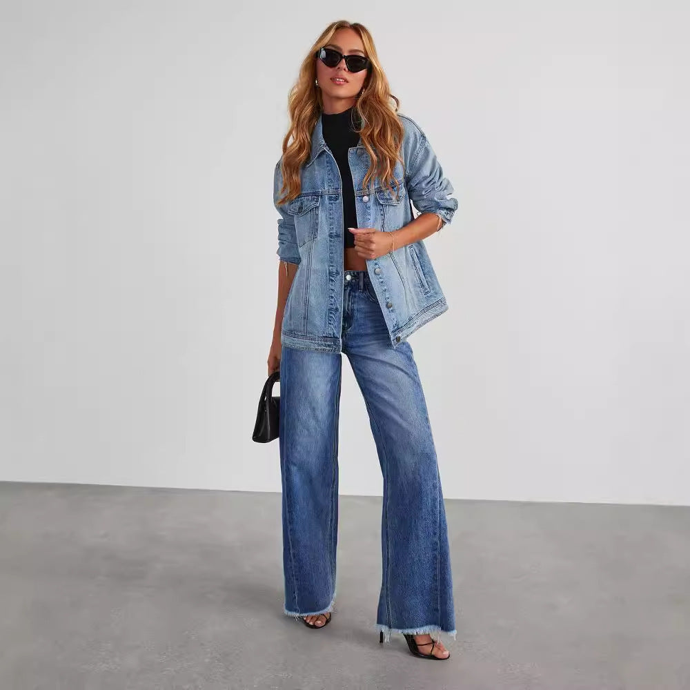Women’s High Waist Straight Jeans – Wide-Leg Fit with Pockets