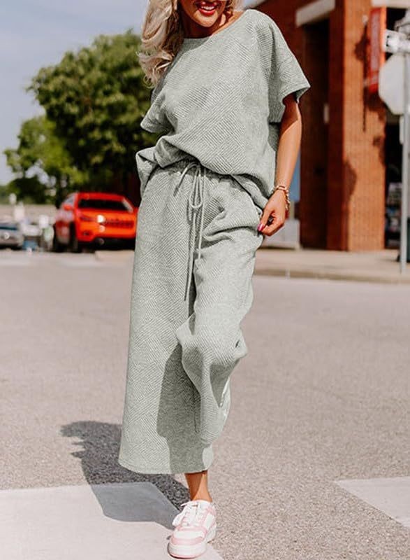 Solid Color Casual Two-Piece Set – Textured Top & Trousers for Women