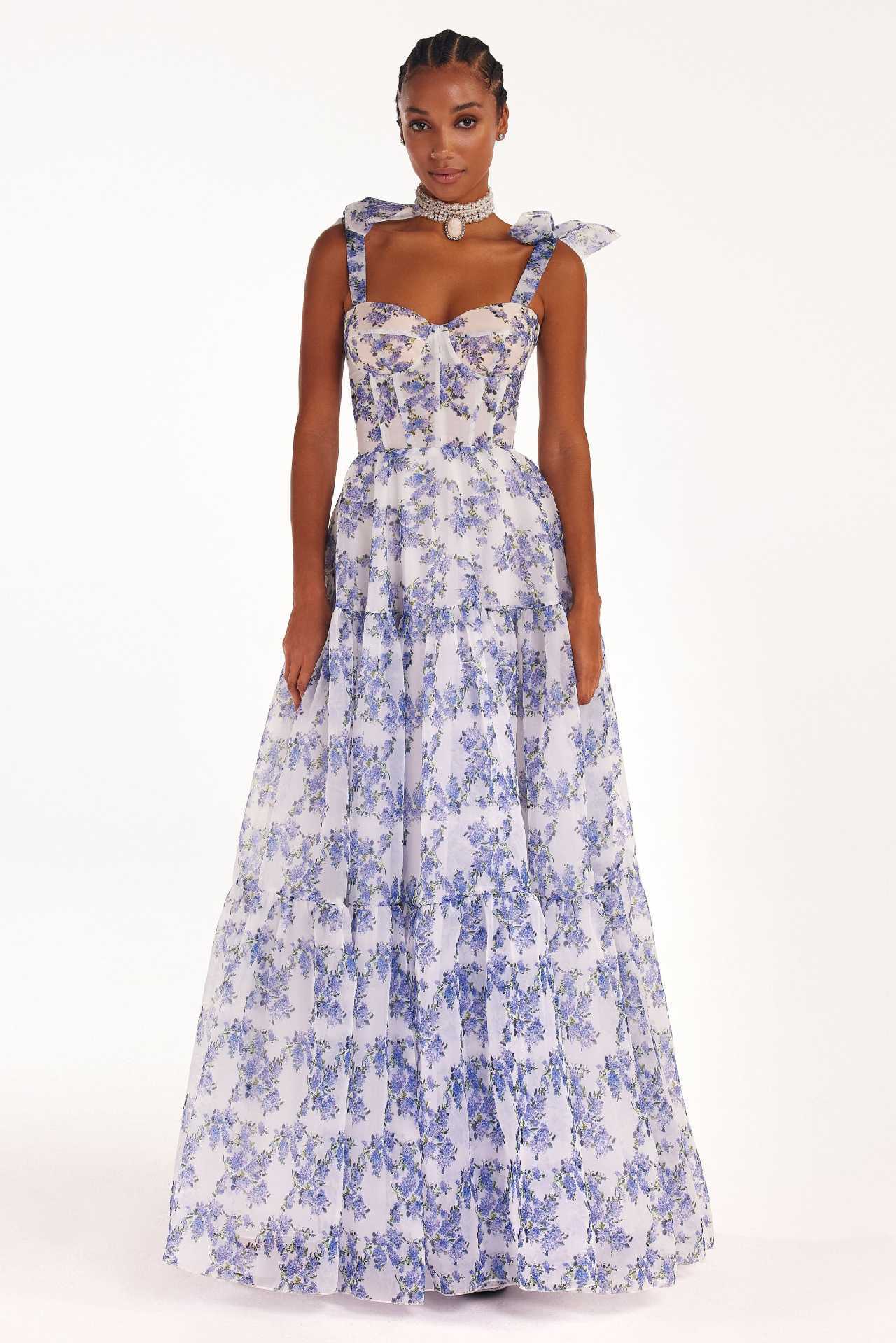 Floral Off‑Shoulder Lace‑Up Organza Swing Dress