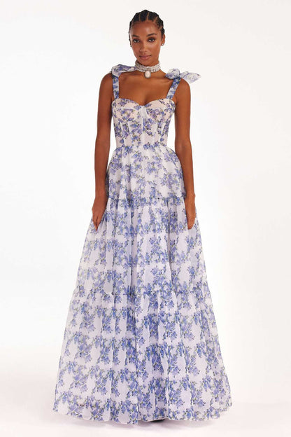 Floral Off‑Shoulder Lace‑Up Organza Swing Dress