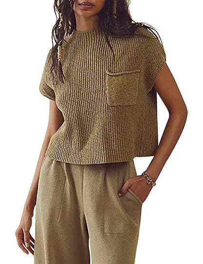 Women's Ribbed Knit Sleeveless Vest with Pocket