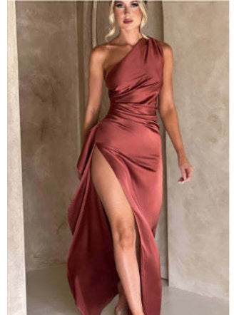 Sexy One-shoulder Backless Slit Dress Summer Elegant Slim-fit Solid Color Satin Dresses For Women - Holy Mango Store