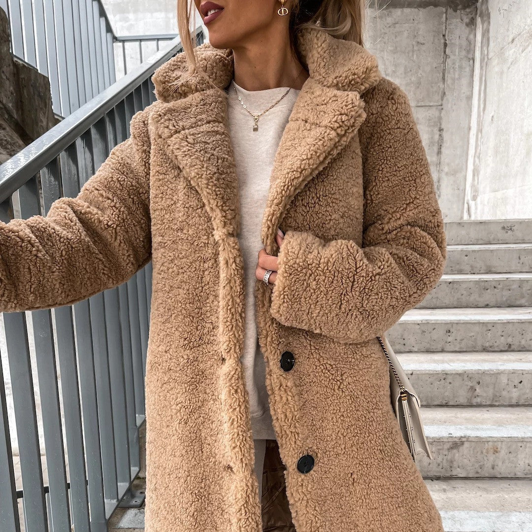 Women’s Plush Lapel Jacket – Long Sleeve Fleece Coat