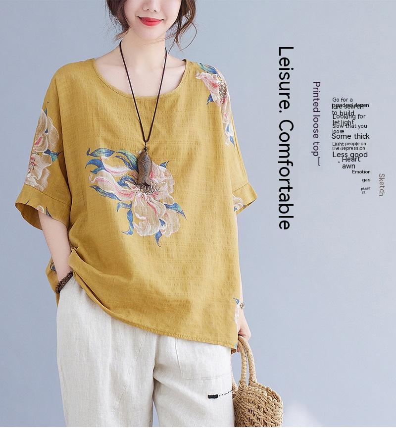 Women's Korean Cotton Linen Summer Top – Printed Half Sleeve