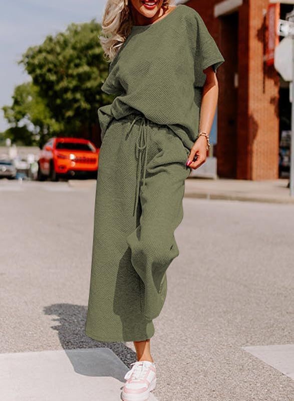 Solid Color Casual Two-Piece Set – Textured Top & Trousers for Women