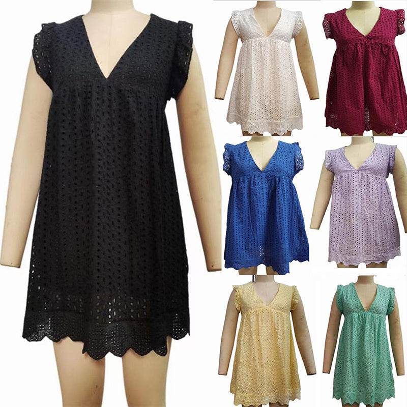 Lace Dresses With Pocket Summer Sleeveless Jacquard Cutout V-Neck Beach Dress - Holy Mango Store