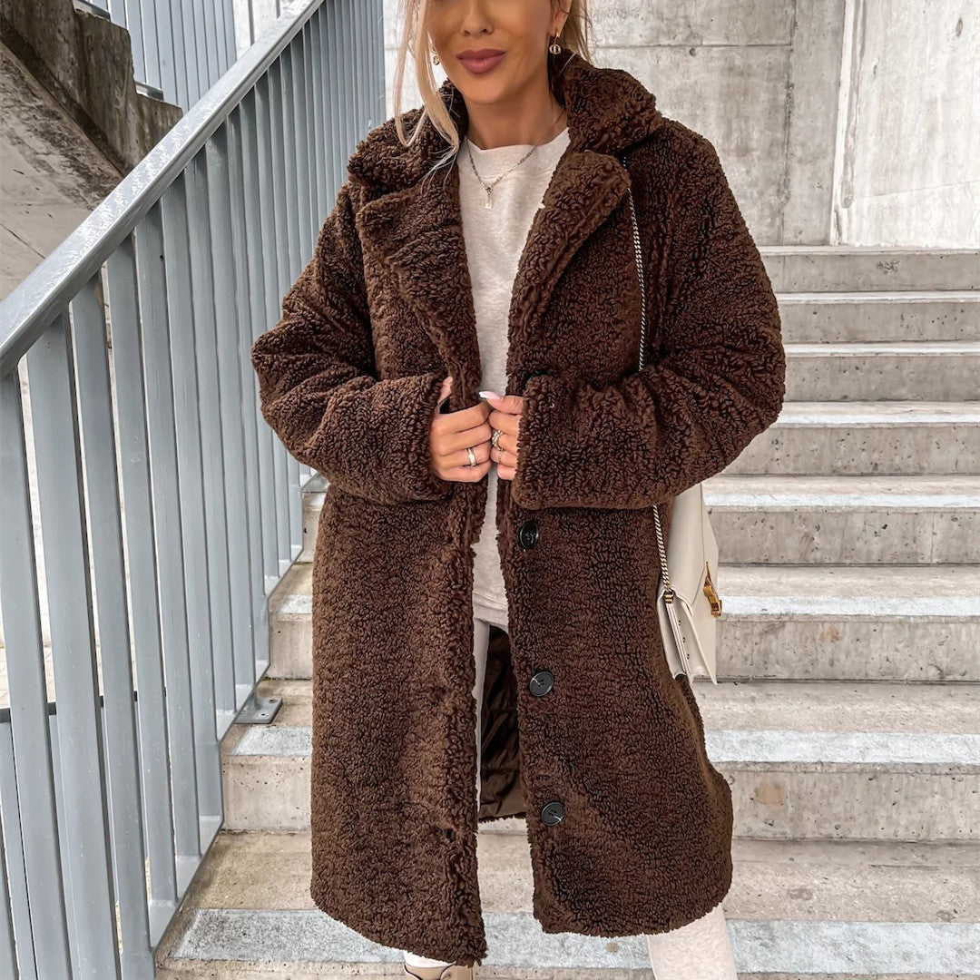Women’s Plush Lapel Jacket – Long Sleeve Fleece Coat
