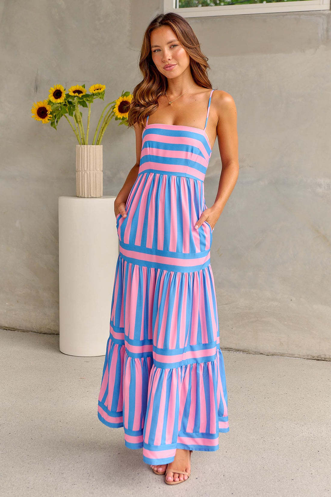 Striped Suspender Maxi Dress with Pockets