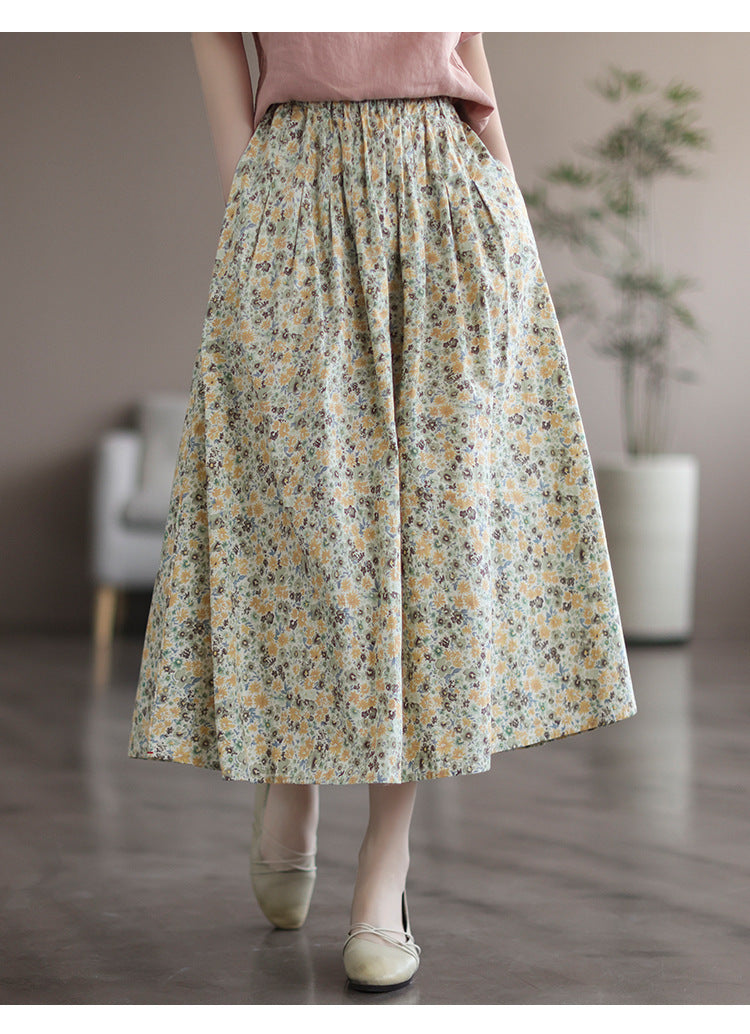 Women’s Floral Cotton Midi Skirt – Artistic Print A-Line