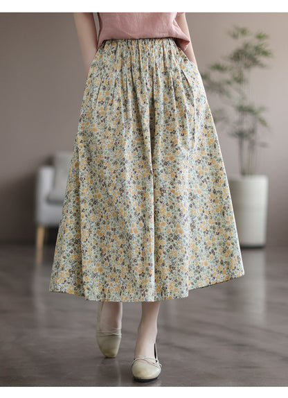 Women’s Floral Cotton Midi Skirt – Artistic Print A-Line