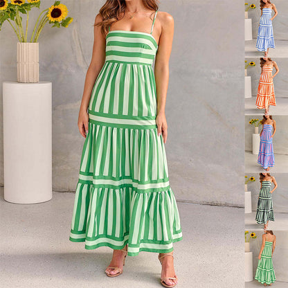 Striped Suspender Maxi Dress with Pockets