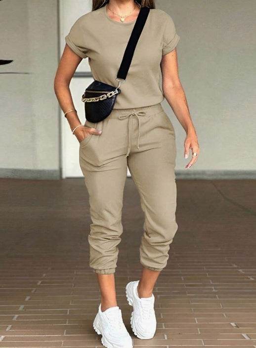2pcs Women Solid Color Round Neck Short Sleeve Top And Drawstring Pocket Long Pants Casual Suit - Holy Mango Store