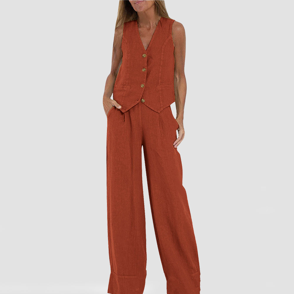 Conjunto de chaleco de verano para mujer: top sin mangas con cuello en V y pantalón holgado
