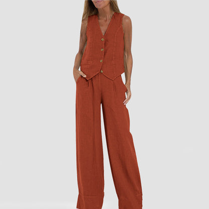 Conjunto de chaleco de verano para mujer: top sin mangas con cuello en V y pantalón holgado