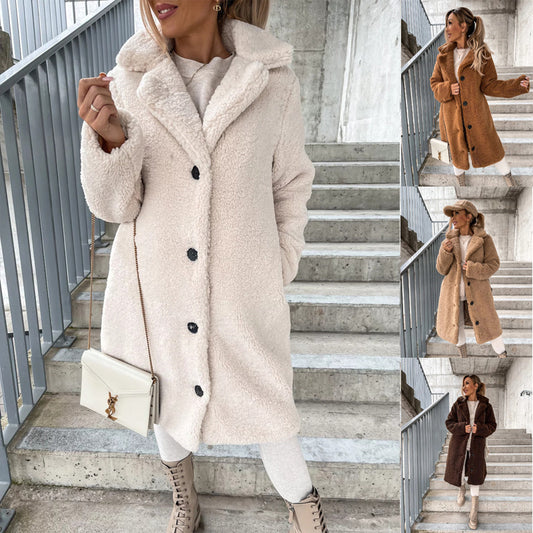 Women’s Plush Lapel Jacket – Long Sleeve Fleece Coat