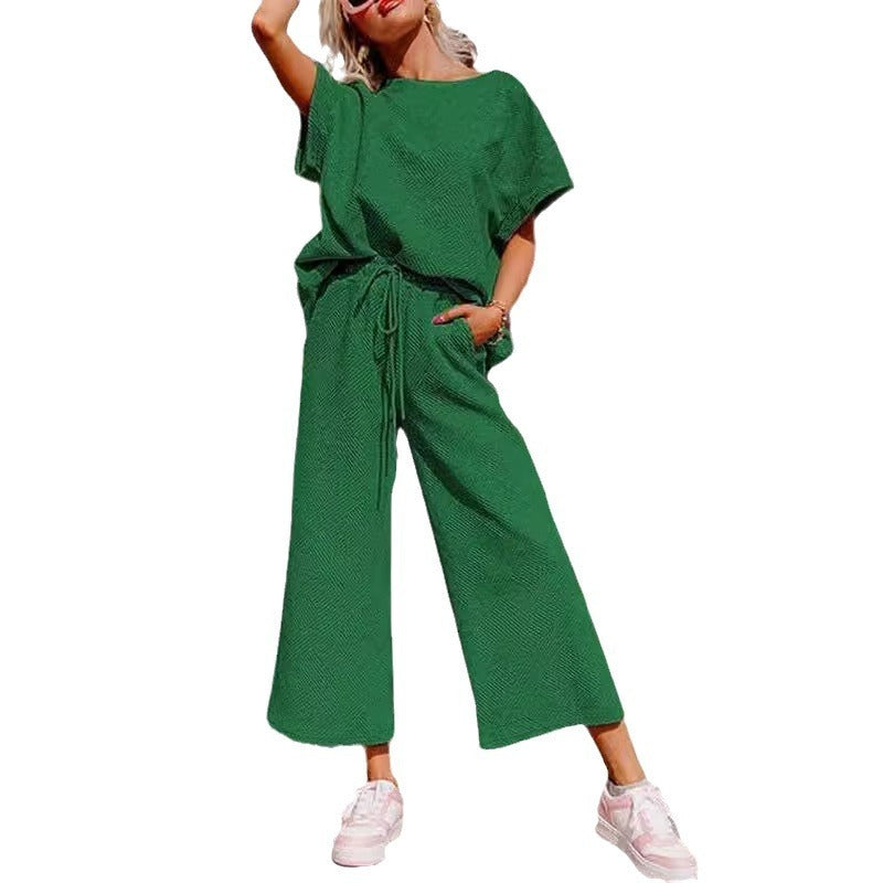 Solid Color Casual Two-Piece Set – Textured Top & Trousers for Women