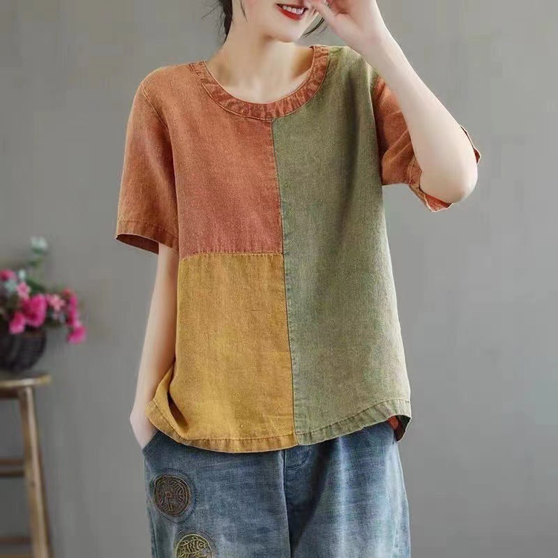Women's Cotton Linen Color Block T-Shirt – Artistic Half Sleeve Tee