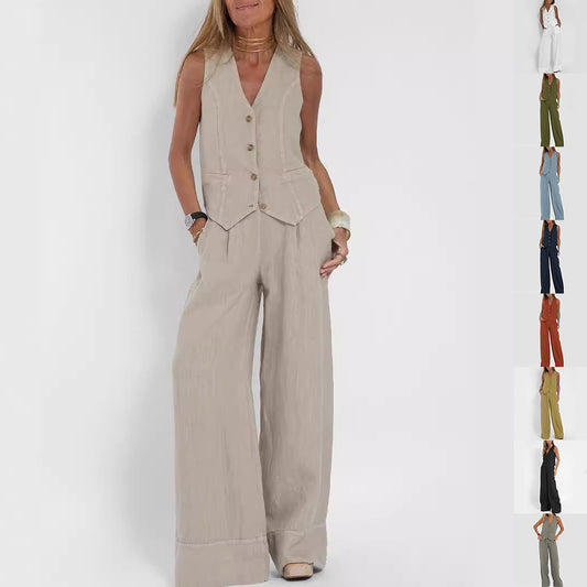Women’s Summer Vest Set – V-Neck Sleeveless Top & Loose Trousers
