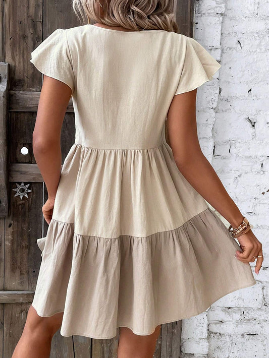 Colorblock Keyhole Neck Ruffle Hem Dress