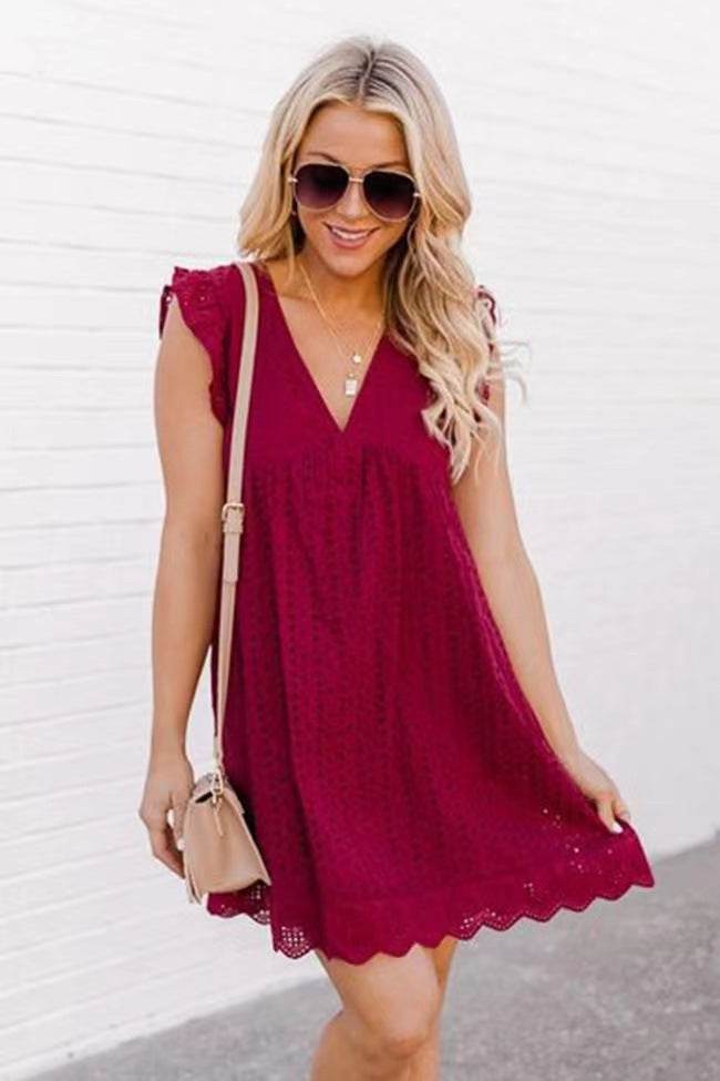 Lace Dresses With Pocket Summer Sleeveless Jacquard Cutout V-Neck Beach Dress - Holy Mango Store