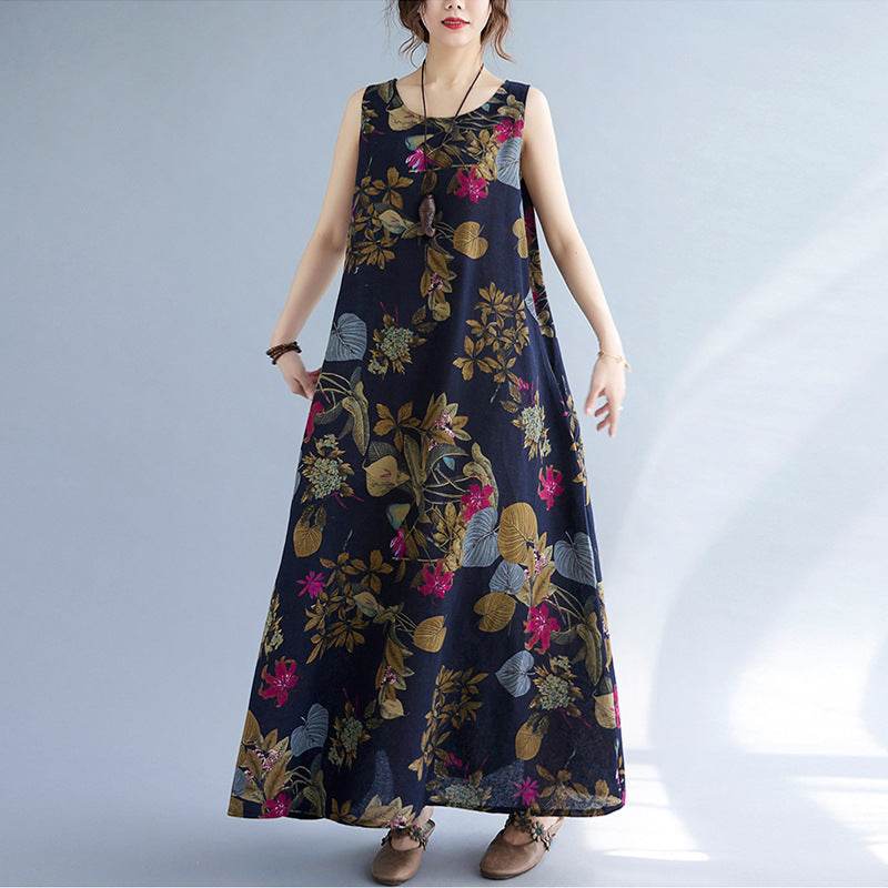 Printed Cotton Linen Round Neck Sleeveless Dress Women's - Holy Mango Store