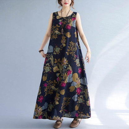 Printed Cotton Linen Round Neck Sleeveless Dress Women's - Holy Mango Store