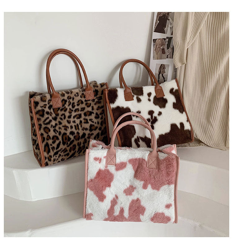 Korean Plush Handbag – Large Capacity Leopard Print Commuter Tote