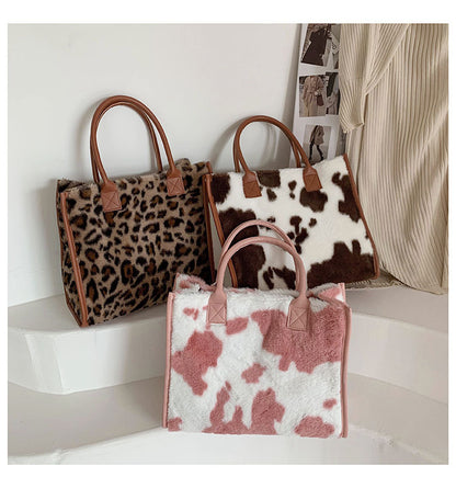Korean Plush Handbag – Large Capacity Leopard Print Commuter Tote