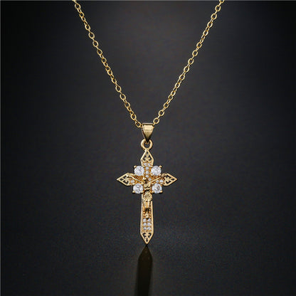 Gold Cross Pendant Necklace with Cubic Zirconia
