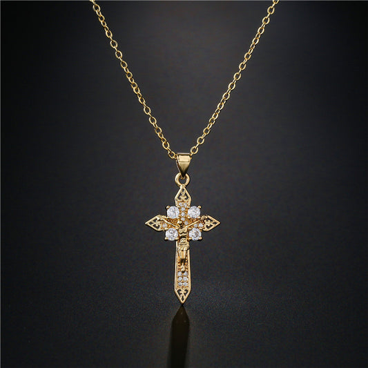 Gold Cross Pendant Necklace with Cubic Zirconia