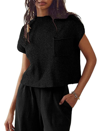 Women's Ribbed Knit Sleeveless Vest with Pocket