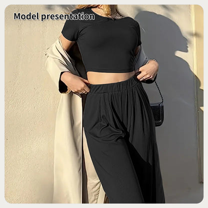 Women’s Minimalist Two-Piece Set – Solid Color Top & Pants