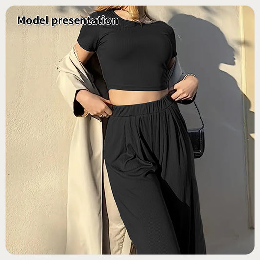 Women’s Minimalist Two-Piece Set – Solid Color Top & Pants