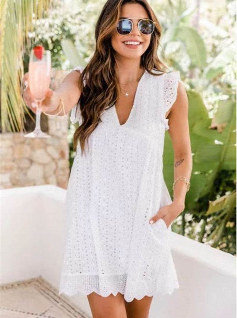 Lace Dresses With Pocket Summer Sleeveless Jacquard Cutout V-Neck Beach Dress - Holy Mango Store