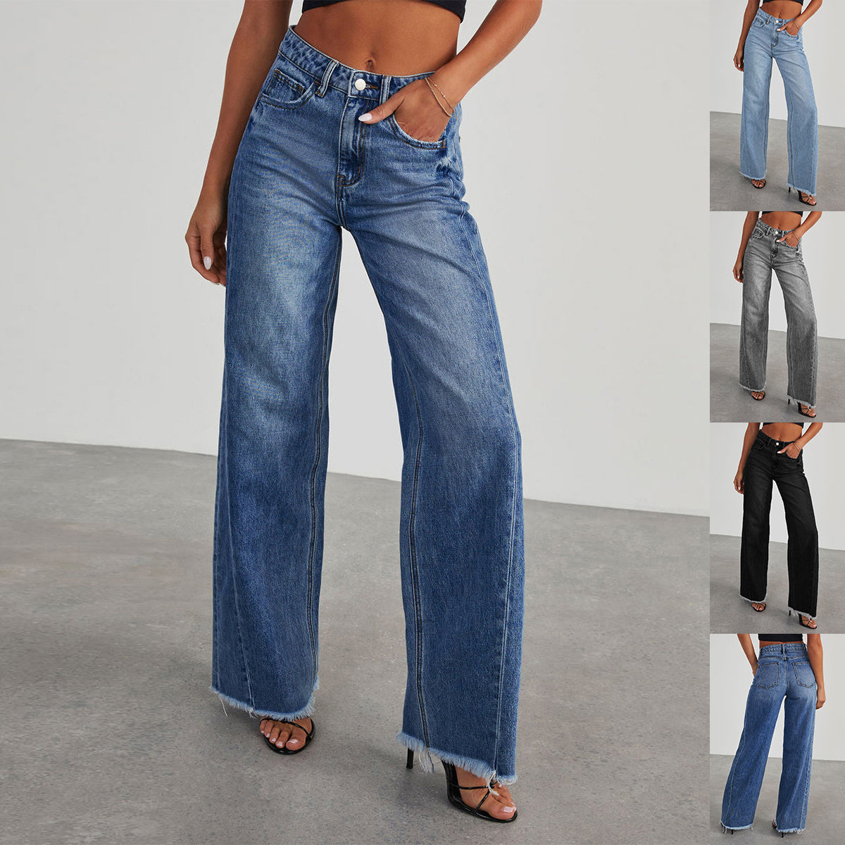 Women’s High Waist Straight Jeans – Wide-Leg Fit with Pockets