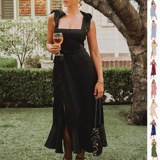 Temperament Suspender Split Dress With Lace-up Design Fashion Summer Ruffled Beach Dresses For Women - Holy Mango Store