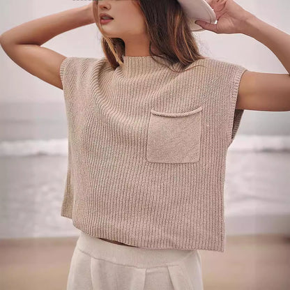 Women's Ribbed Knit Sleeveless Vest with Pocket