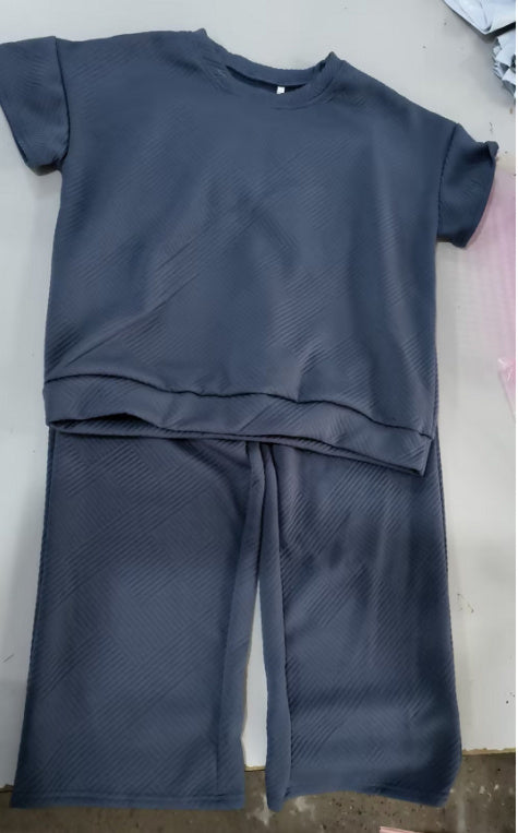 Solid Color Casual Two-Piece Set – Textured Top & Trousers for Women