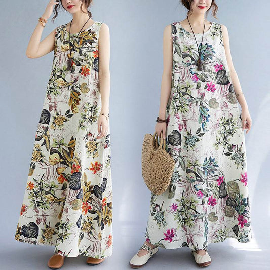 Printed Cotton Linen Round Neck Sleeveless Dress Women's - Holy Mango Store
