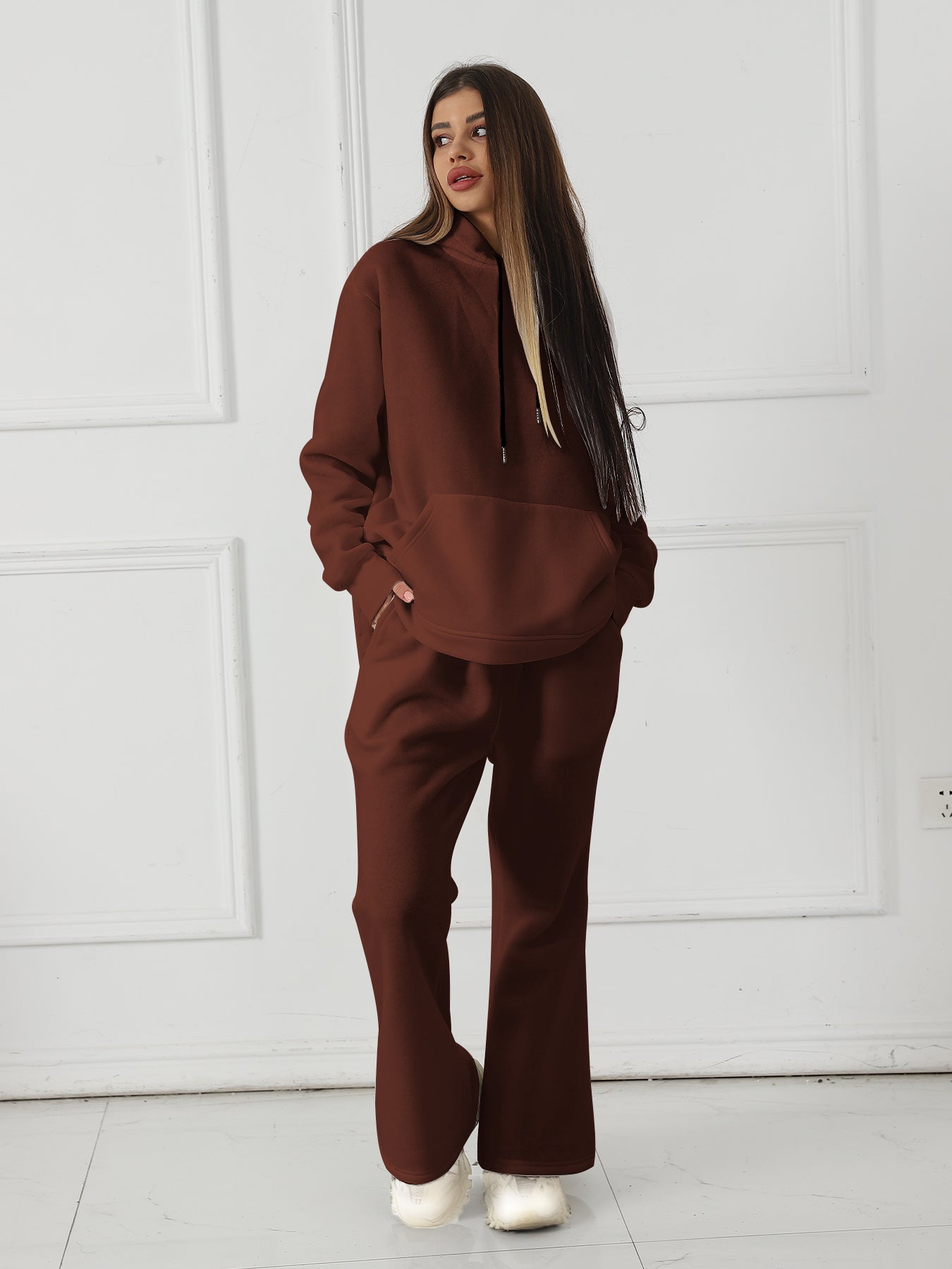Women’s Solid Color Long Sleeve Sweatshirt Set – Cozy Casual Style