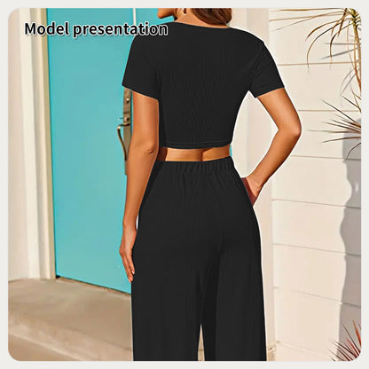 Women’s Minimalist Two-Piece Set – Solid Color Top & Pants