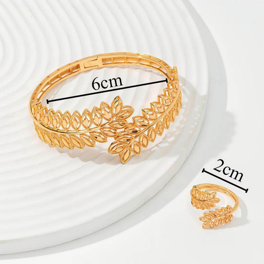 2cps Vintage Wheat Ear Leaf Gold Bracelet With An Open Ring, Worn By Women In Dubai, Africa For Daily Festivals, Wedding Accessories - Holy Mango Store