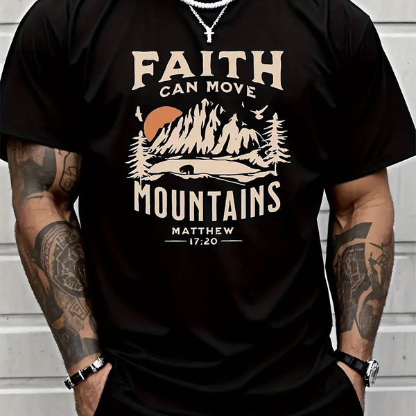 FAITH CAN MOVE MOUNTAINS - Men's Round Neck Short Sleeve T-shirt With Letter Printing, Casual Summer T-shirt - Holy Mango Store
