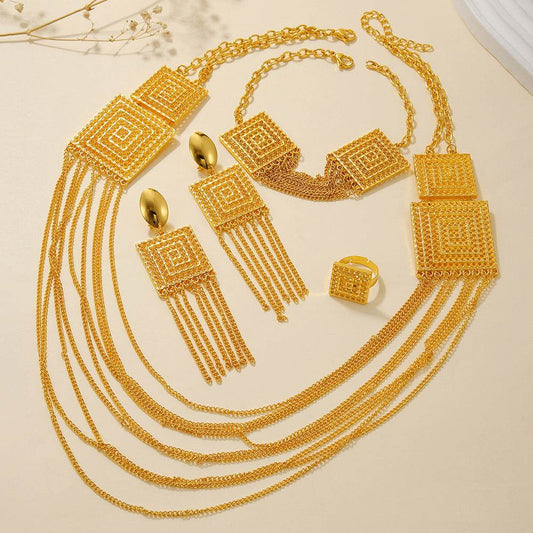 5pcs Fashion Ladies 18k Gold Plated Jewelry Set Tassel For Holiday Wear, Wedding Scene Jewelry, Multi-layered Temperament Wedding Jewelry - Holy Mango Store
