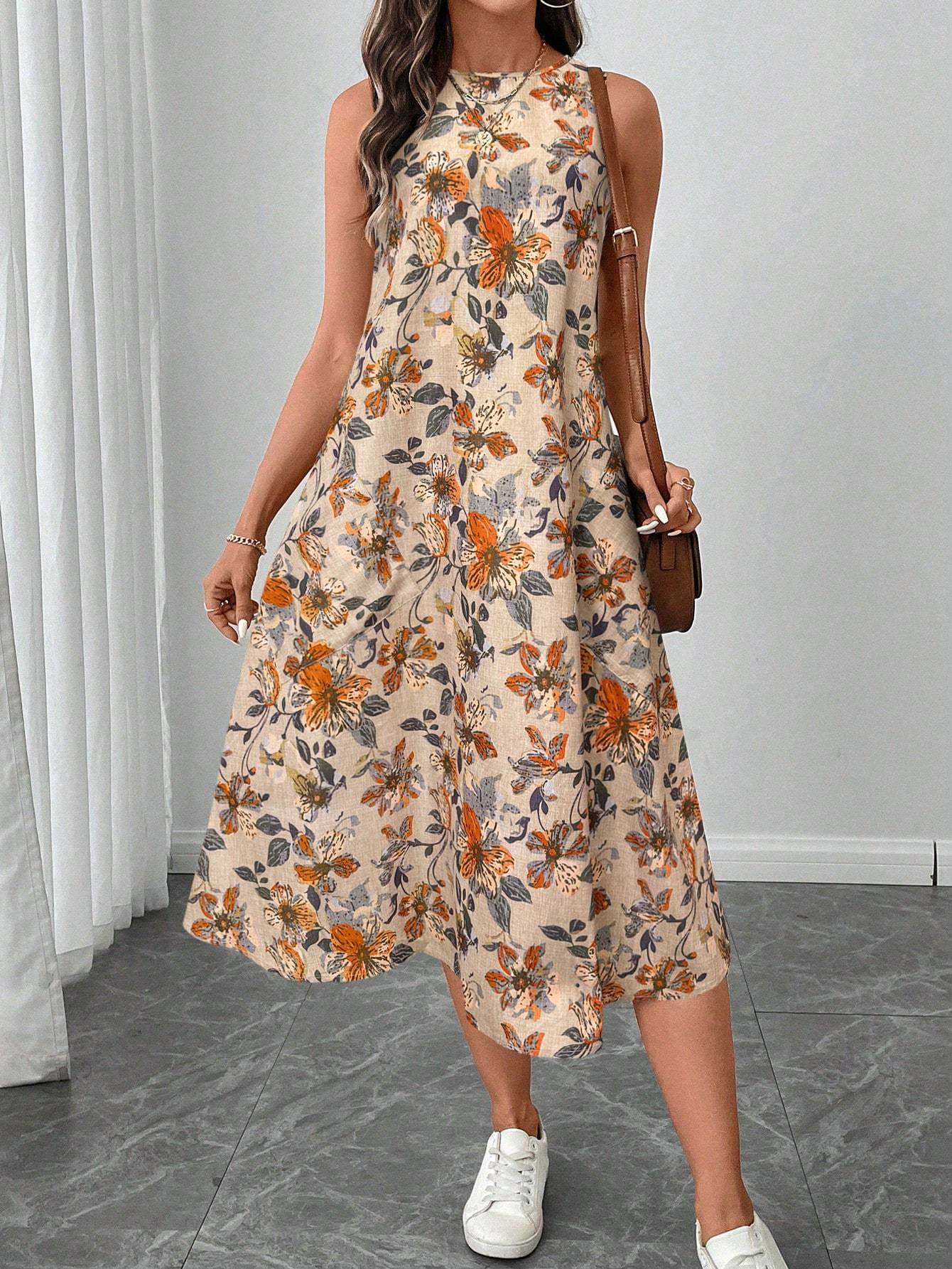 Retro Floral Sleeveless Midi Dress