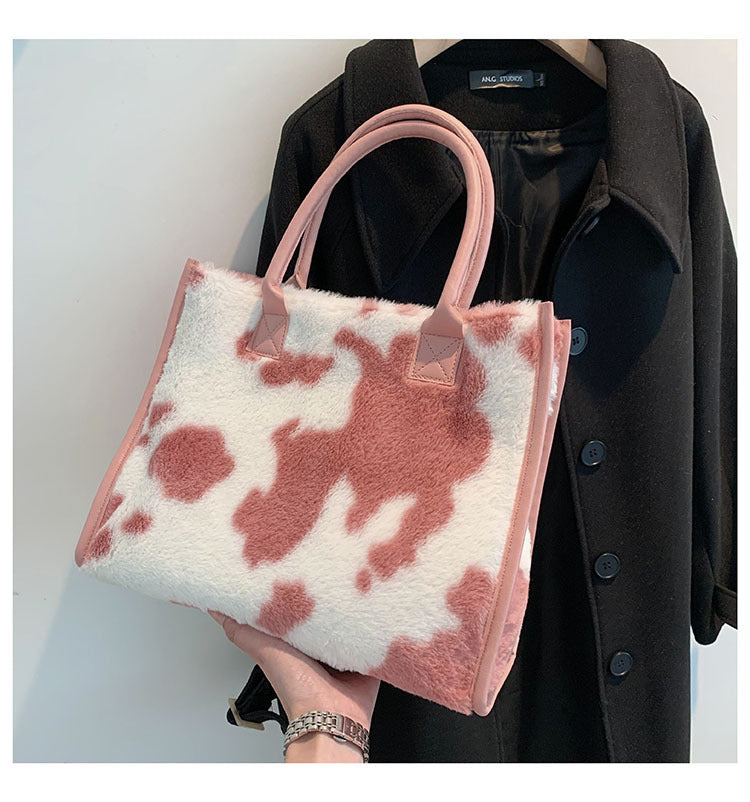 Korean Plush Handbag – Large Capacity Leopard Print Commuter Tote