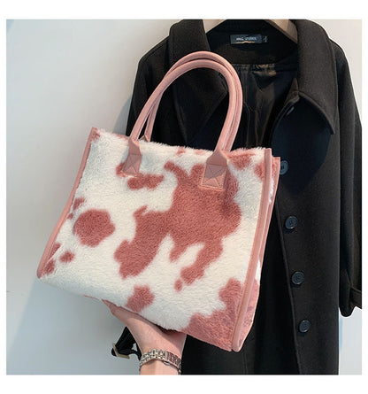 Korean Plush Handbag – Large Capacity Leopard Print Commuter Tote