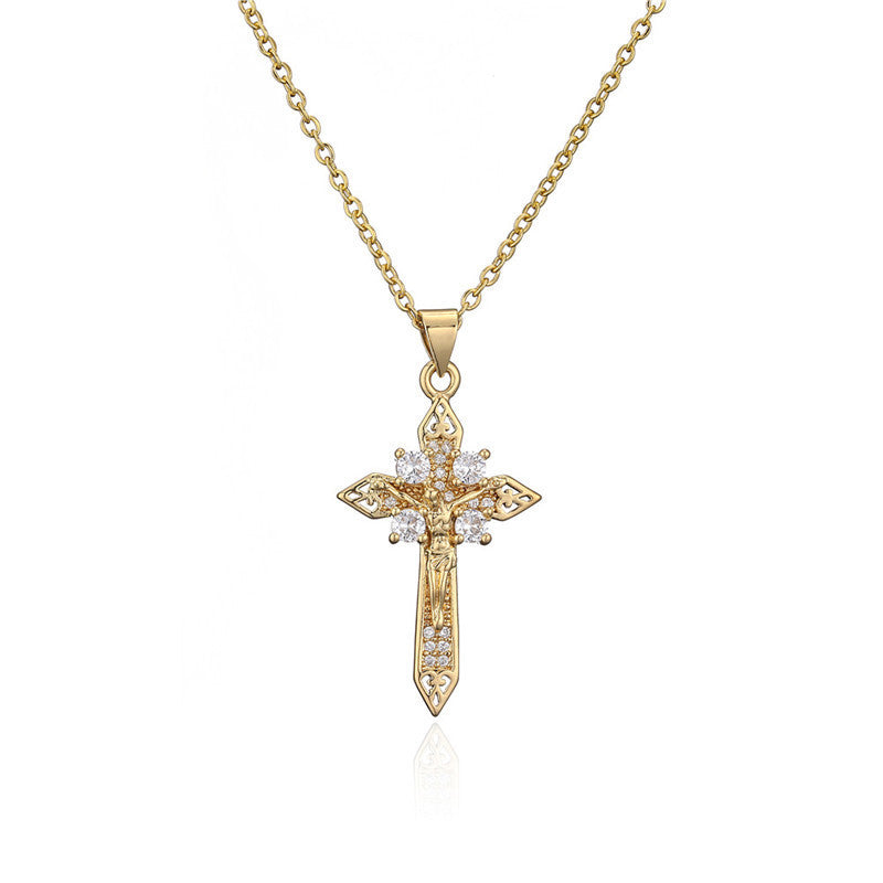 Gold Cross Pendant Necklace with Cubic Zirconia