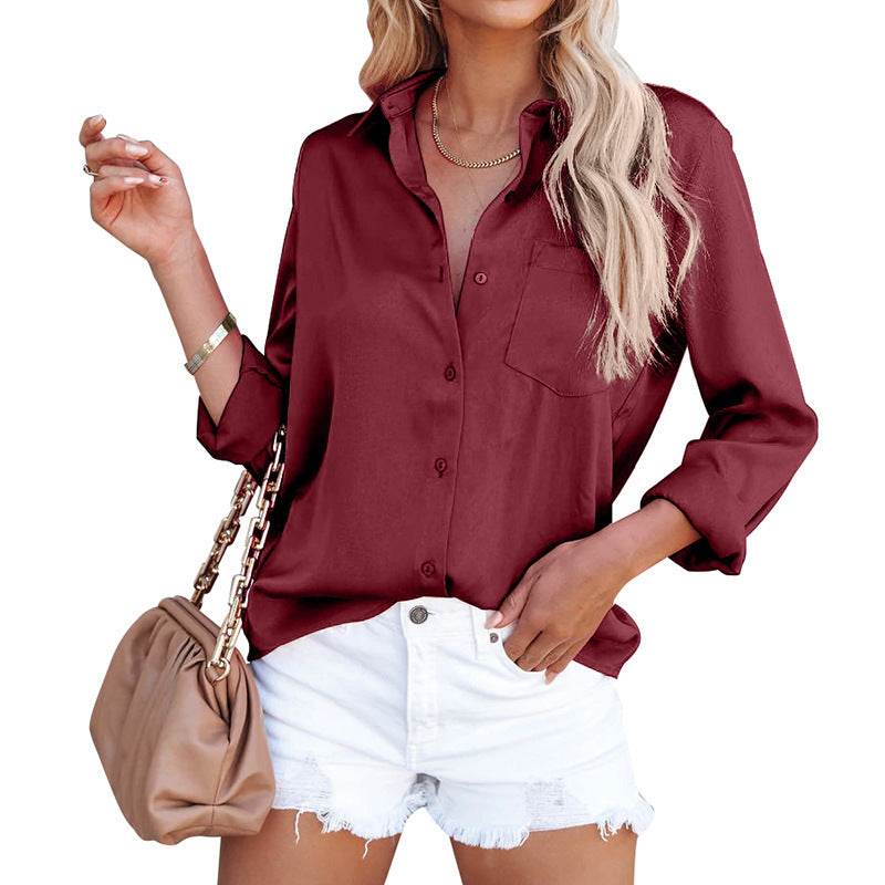 Satin Long Sleeve V Neck Office Business Shirt Women - Holy Mango Store